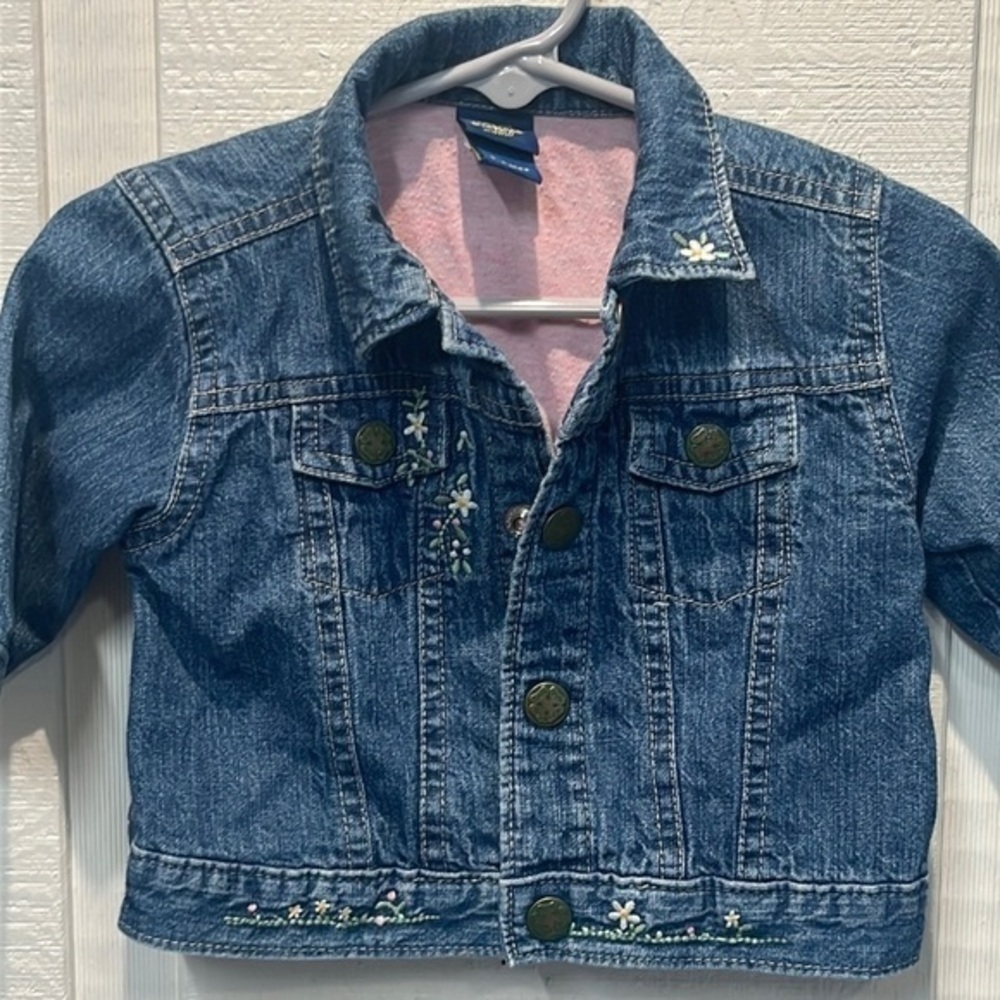 OshKosh denim jean lined jacket embroidered flowers, size 3-6 months